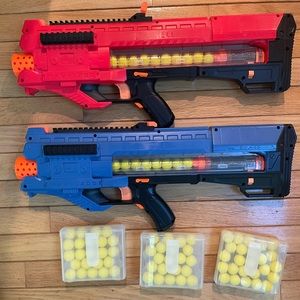 NERF Rival Zeus MXV-1200 Motorized Blue&Red Blasters w/extra bullet magazines.